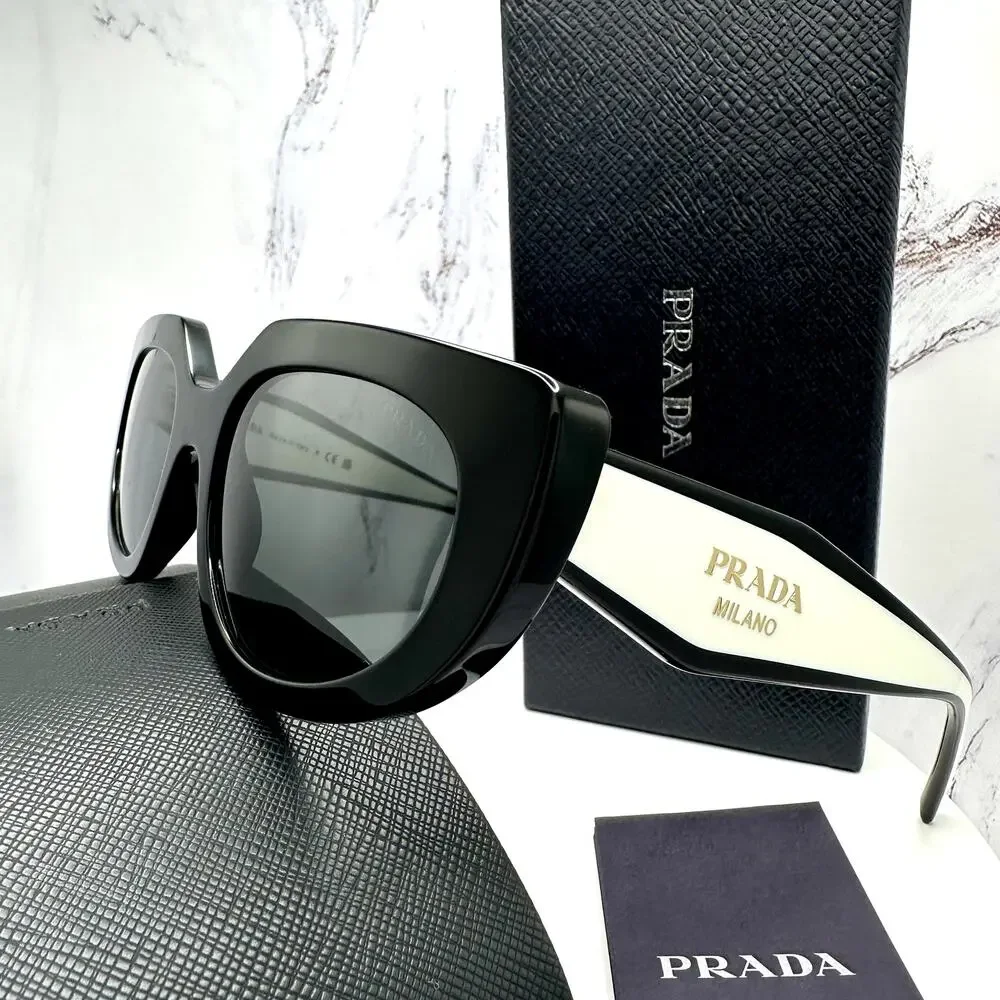 New PRADA Sunglasses Black White Talc Gold Symbole Oval Cat Eye Womens - Picture 14 of 16